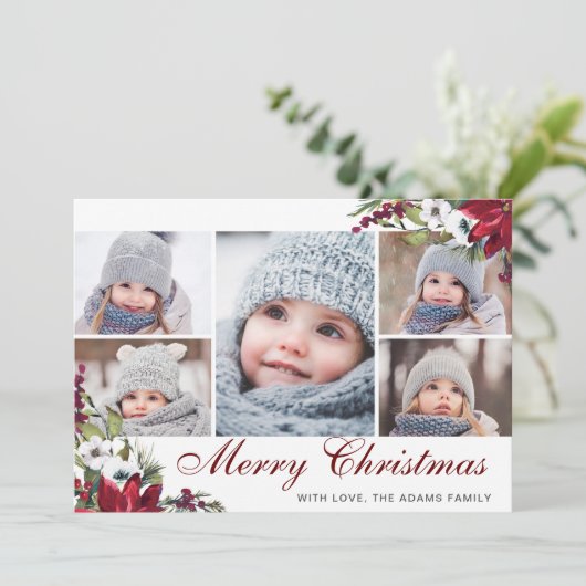 Rode Poinsettia Bloemen 5 FOTO Kerstkaart Bedankkaart (Staand voorkant)