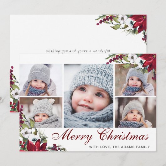 Rode Poinsettia Bloemen 5 FOTO Kerstkaart Bedankkaart (Voorkant / Achterkant)