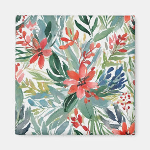 Rode Poinsettia Bloemen Bladeren Botanische Kerst Magneet