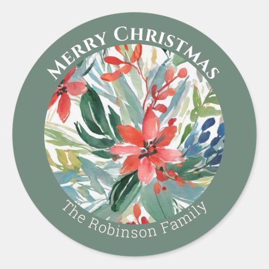 Rode Poinsettia Bloemen Bladeren Elegante Botanisc Ronde Sticker (Voorkant)