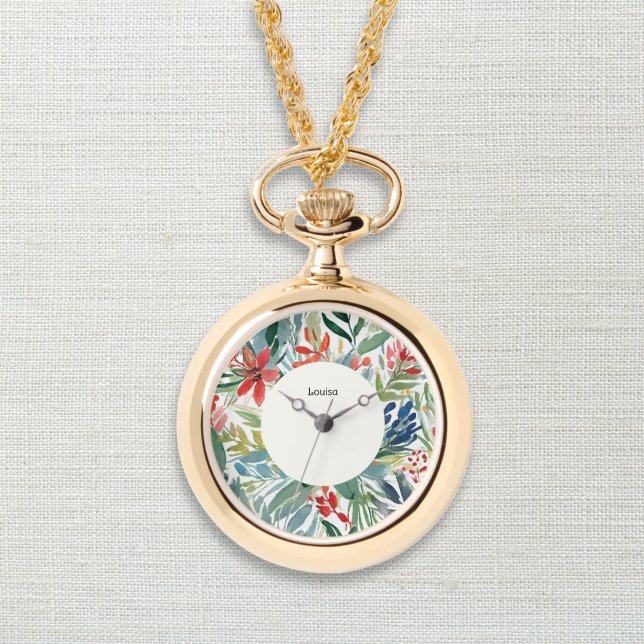 Rode Poinsettia Bloemen  Bloemen Kerst Horloge (An elegant monogrammed necklace pendant with watch and red poinsettia design in a watercolor style)