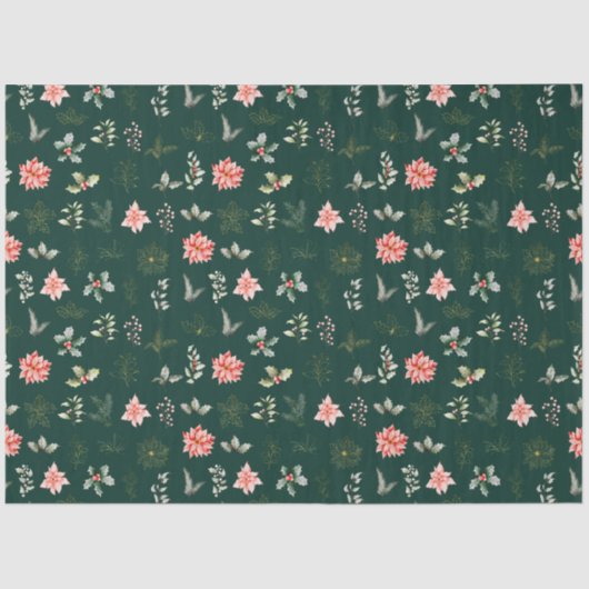 Rode Poinsettia Bloemen en Bladgroen op Donkergroe Tissuepapier (Voorkant)