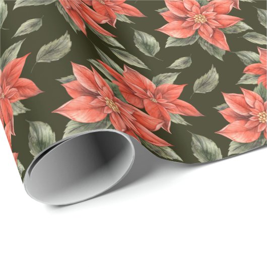 Rode Poinsettia Bloemen Feestelijke Kerst Feestdag Cadeaupapier (Rol Hoek)