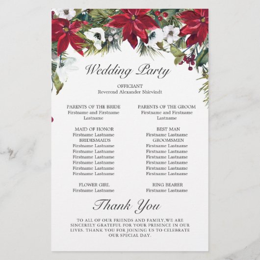 Rode Poinsettia Bloemen Huwelijksceremonie Program (Achterkant)