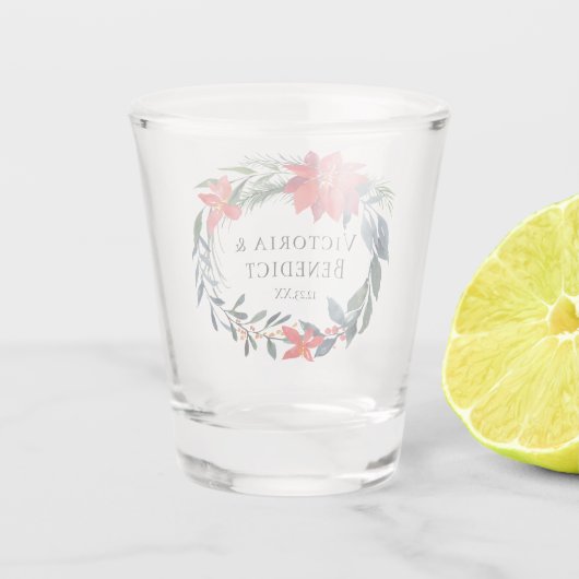 Rode Poinsettia Bloemen Kerst Huwelijk Custom Shot Glas (Achterkant)