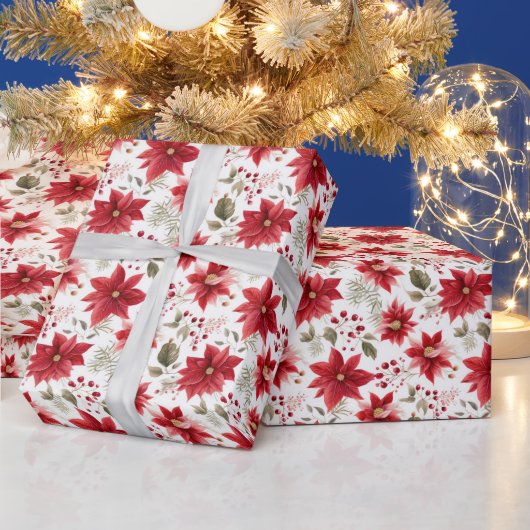 Rode Poinsettia Bloemen Kerstmis Bessen Vakantie Cadeaupapier (Feestdagen)