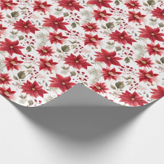 Rode Poinsettia Bloemen Kerstmis Bessen Vakantie Cadeaupapier (Hoek)