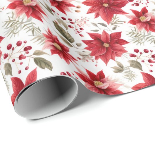 Rode Poinsettia Bloemen Kerstmis Bessen Vakantie Cadeaupapier (Rol Hoek)