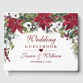 Rode Poinsettia Bloemen Kerstmis Bruiloft Gastenboek (Voorkant)
