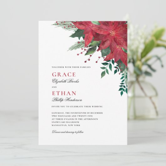 Rode Poinsettia Bloemen Kerstmis Bruiloft Kaart (Staand voorkant)