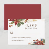 Rode Poinsettia Bloemen Kerstmis Winter Bruiloft RSVP Kaartje (Voorkant / Achterkant)