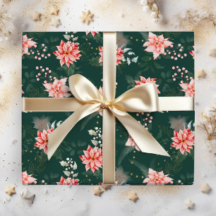 Rode Poinsettia Bloemen op Donkergroen Cadeaupapier