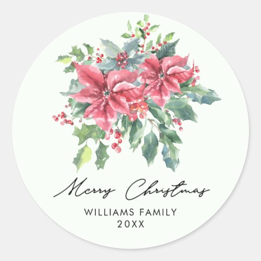 Rode Poinsettia Bloemen Script Vrolijk Kerstfeest Ronde Sticker (Voorkant)