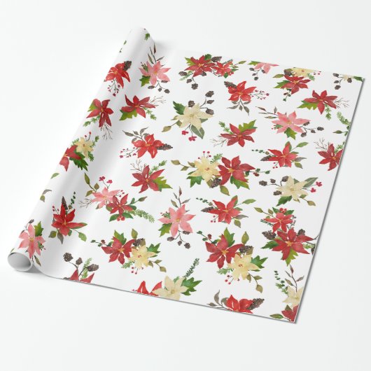 Rode Poinsettia Bloemen Vakantiepatroon Cadeaupapier (Uitgerold)