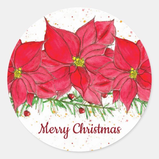 Rode Poinsettia Bloemen Vrolijk Kerstfeest Ronde Sticker (Voorkant)