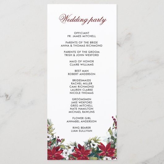 Rode Poinsettia Bloemen Waterverf Trouwceremonie Programmakaart (Achterkant)