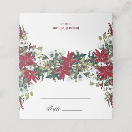 Rode Poinsettia Bloemen Waterverf Trouwtafel Plaatskaartje (Buitenkant ongevouwen)