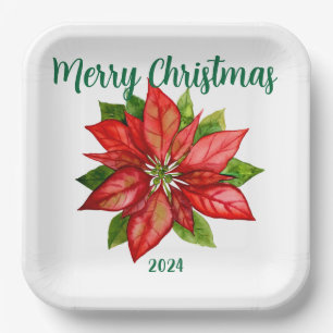 Rode Poinsettia Bloemen Winter Kerstfeest Papier Papieren Bordje