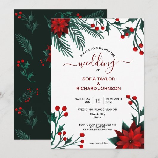 Rode Poinsettia Bloemige Kerst Watercolor Bruiloft Kaart (Voorkant / Achterkant)