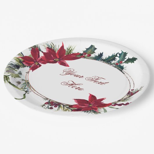 Rode Poinsettia Bloemige Winter Kerstfeest Papieren Bordje (Gekanteld)