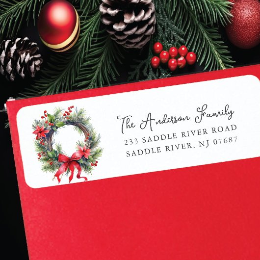 Rode Poinsettia Bloemkrans Etiket