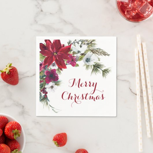 Rode Poinsettia Bloemrijke Prettig Kerstfeest  Servet (Insitu)