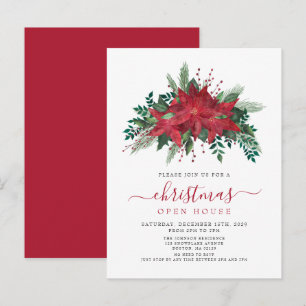 Rode Poinsettia Bloemrijke Script Kerst Open Huis Uitnodiging Briefkaart