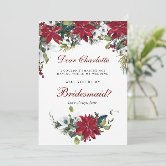 Rode Poinsettia Bloemstuk  Wil je mijn bruidsmeisj Kaart (Staand voorkant)