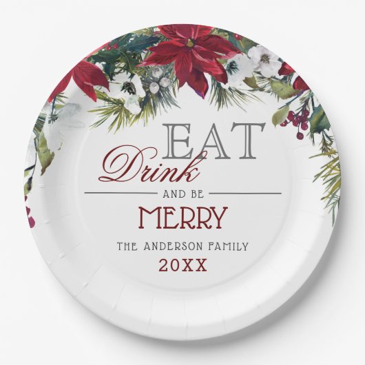 Rode Poinsettia Bloemstuk Winter Kerstfeest Papieren Bordje (Voorkant)