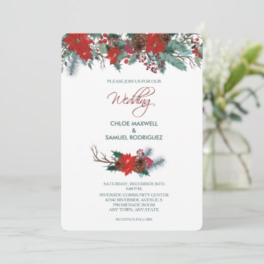 Rode Poinsettia Border Boeket Bruiloft Uitnodiging (Staand voorkant)