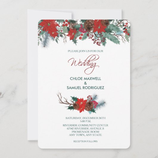 Rode Poinsettia Border Boeket Bruiloft Uitnodiging (Voorkant)
