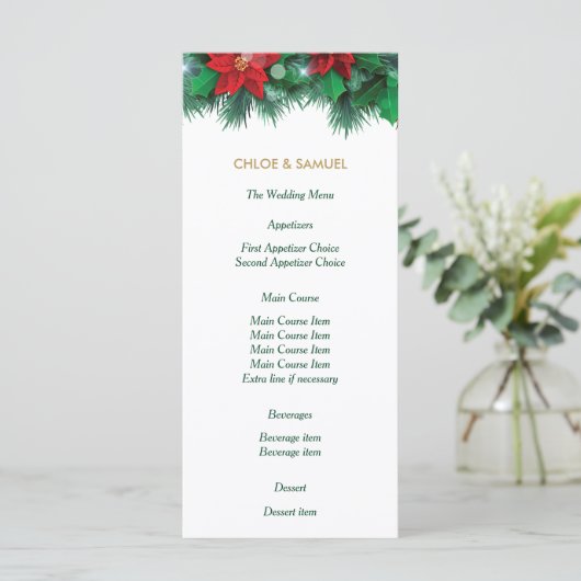 Rode Poinsettia Border Bruiloft Menu (Staand voorkant)