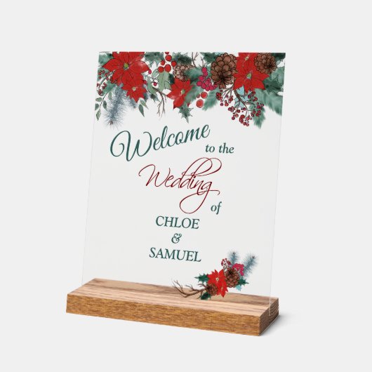 Rode Poinsettia Border Bruiloft Welkom Acryl Bord (Hoek)
