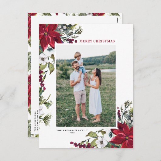 Rode Poinsettia Botanische kerst met kerst Feestdagenkaart (Voorkant / Achterkant)