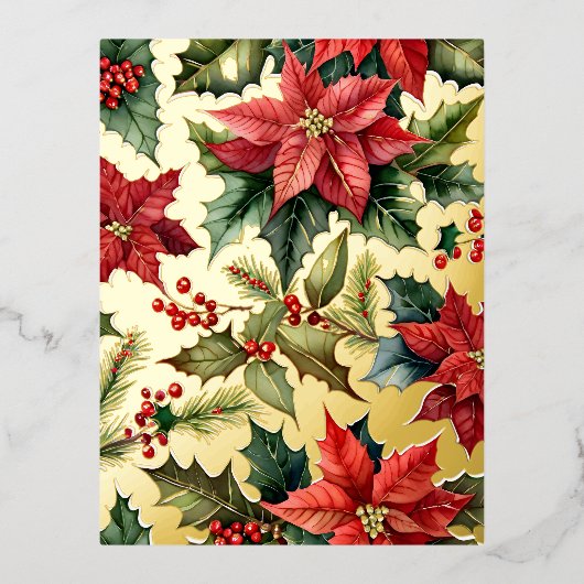 Rode Poinsettia Botanische Kerstmis Goud Folie Feestdagen Briefkaart (Voorkant)