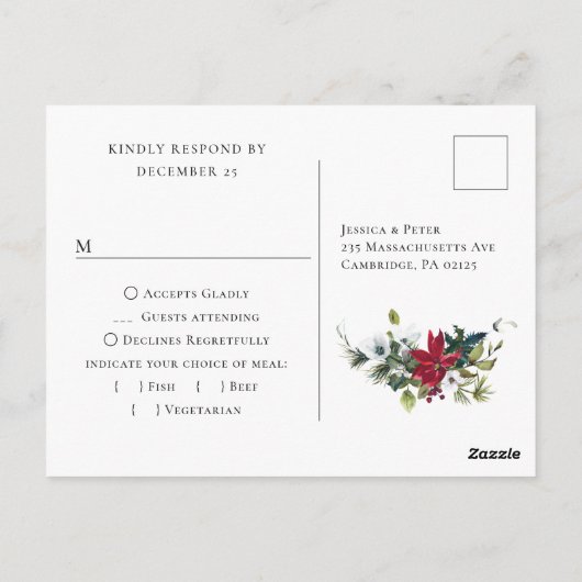 Rode Poinsettia Bruiloft RSVP met Maaltijd Keuze Briefkaart (Achterkant)