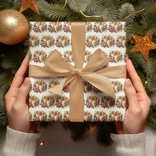 Rode Poinsettia Coquette Gouden Boog Kerstmis Cadeaupapier