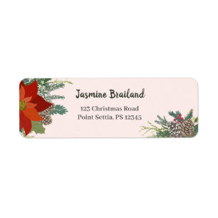 Rode poinsettia dennenappel kerst etiket