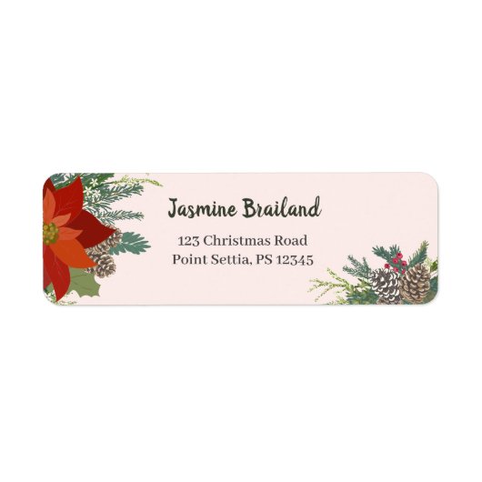Rode poinsettia dennenappel kerst etiket (Voorkant)