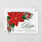 Rode Poinsettia Dennengroen Kerst Bruiloft RSVP Kaartje (Voorkant)