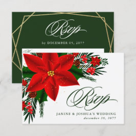 Rode Poinsettia Dennengroen Kerst Bruiloft RSVP Kaartje