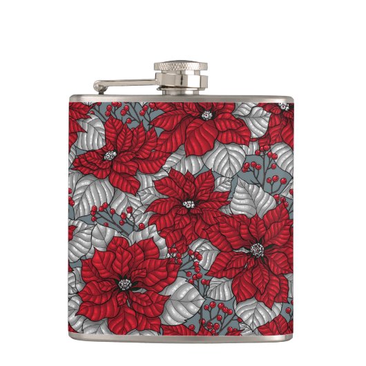 Rode poinsettia en bessen, kerstontwerp heupfles (Voorkant)