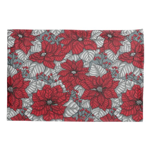 Rode poinsettia en bessen, kerstontwerp kussensloop (Achterkant-Links)