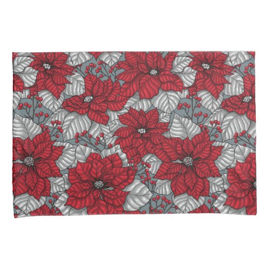 Rode poinsettia en bessen, kerstontwerp kussensloop (Voorkant-Rechts)