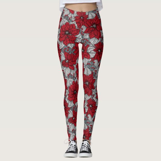 Rode poinsettia en bessen, kerstontwerp leggings (Voorkant)