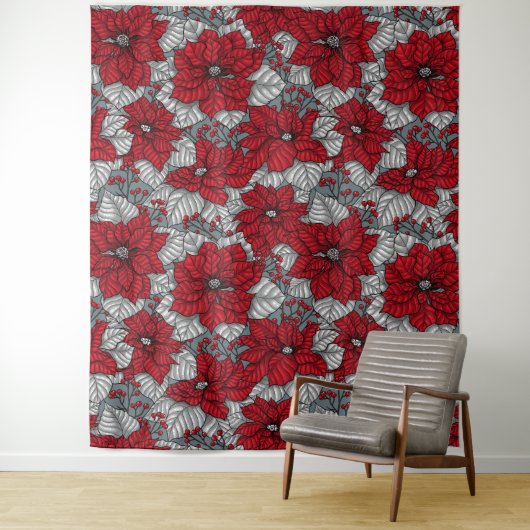 Rode poinsettia en bessen, kerstontwerp wandkleed (In situ)