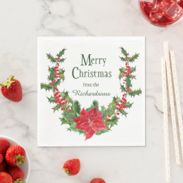 Rode Poinsettia en Holly Berry Kerstkrans Servet