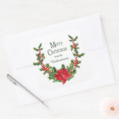 Rode Poinsettia en Holly Berry Kerstkrans Vierkante Sticker (Envelop)