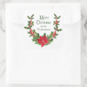 Rode Poinsettia en Holly Berry Kerstkrans Vierkante Sticker (Tas)