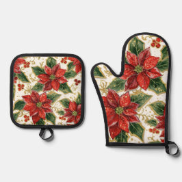 Rode poinsettia en Holly kerstvakantie winter Ovenwant & Pannenlap Set